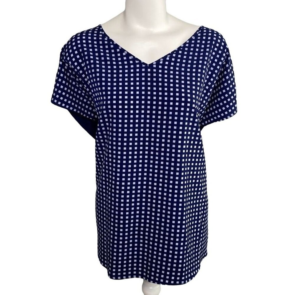 Apt.9 Blouse Top Women's 0X Plus Blue Navy V-Neck Mixed-Media Geo-Print Soft